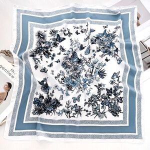 100% silk scarf floral butterfly blue white